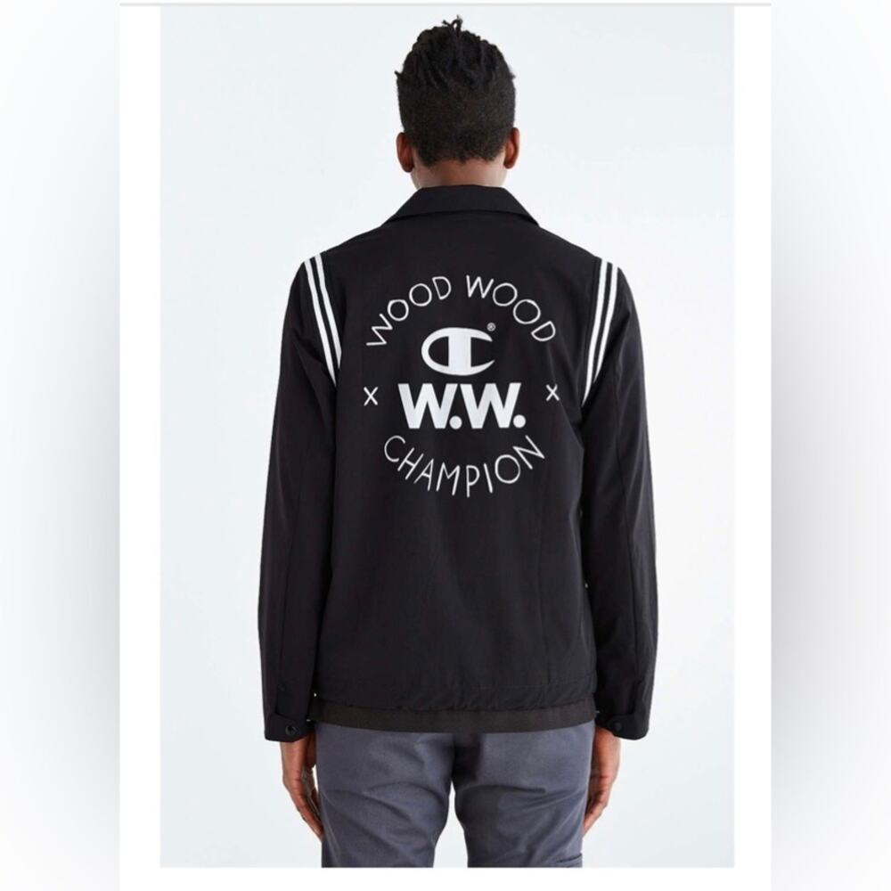 Champion × Wood Wood Snap button Black Coach Jacket Streetwear Grunge Gorpcore